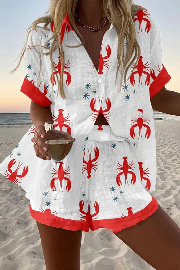 Fun Lobster Print Loose Button Elastic Waist Shorts Set