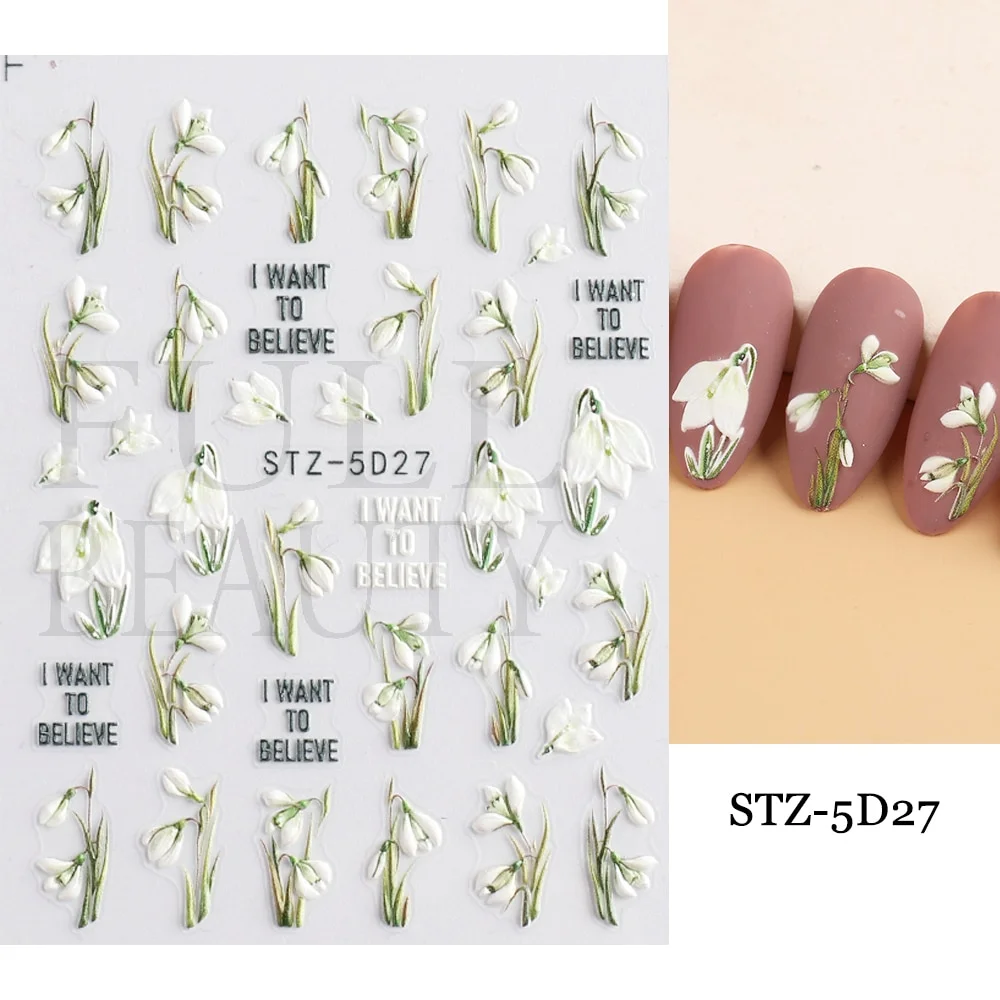 Churchf Nail Stickers Flowers Geometric Lines Decor Acrylic Embossed Sliders Gold Frame Nail Decals Cherry Blossom Manicure GLJI-5D05-Nail Inspo