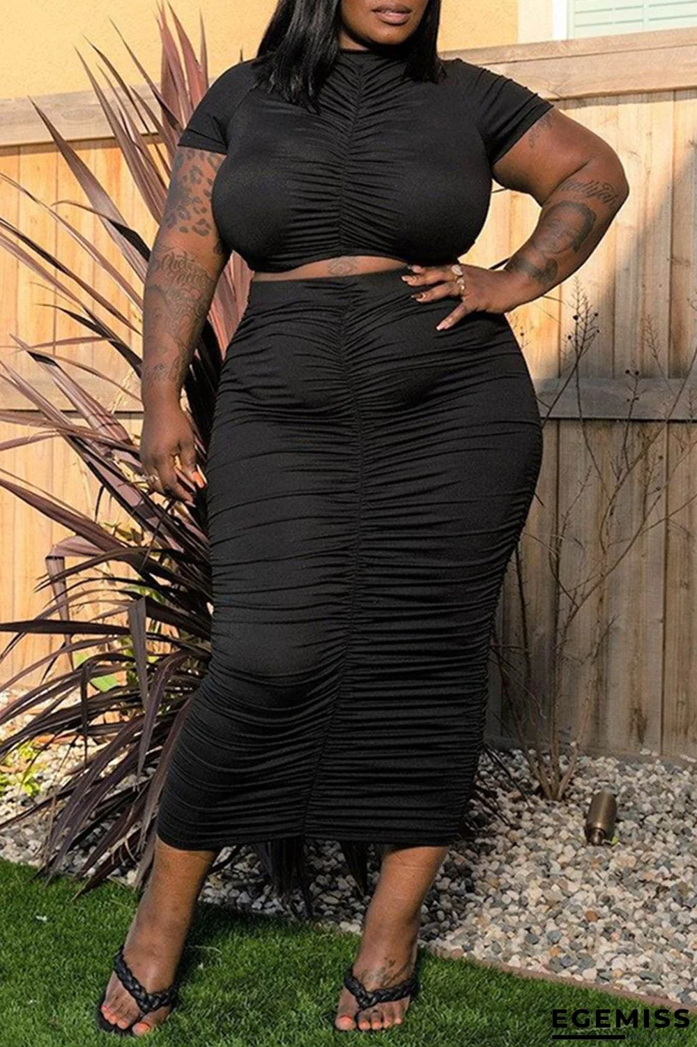 Black Fashion Casual Solid Fold O Neck Plus Size Two Pieces | EGEMISS