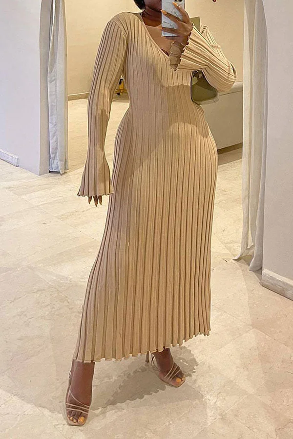 Solid Color Ribbed Simple Knitted Midi Dress