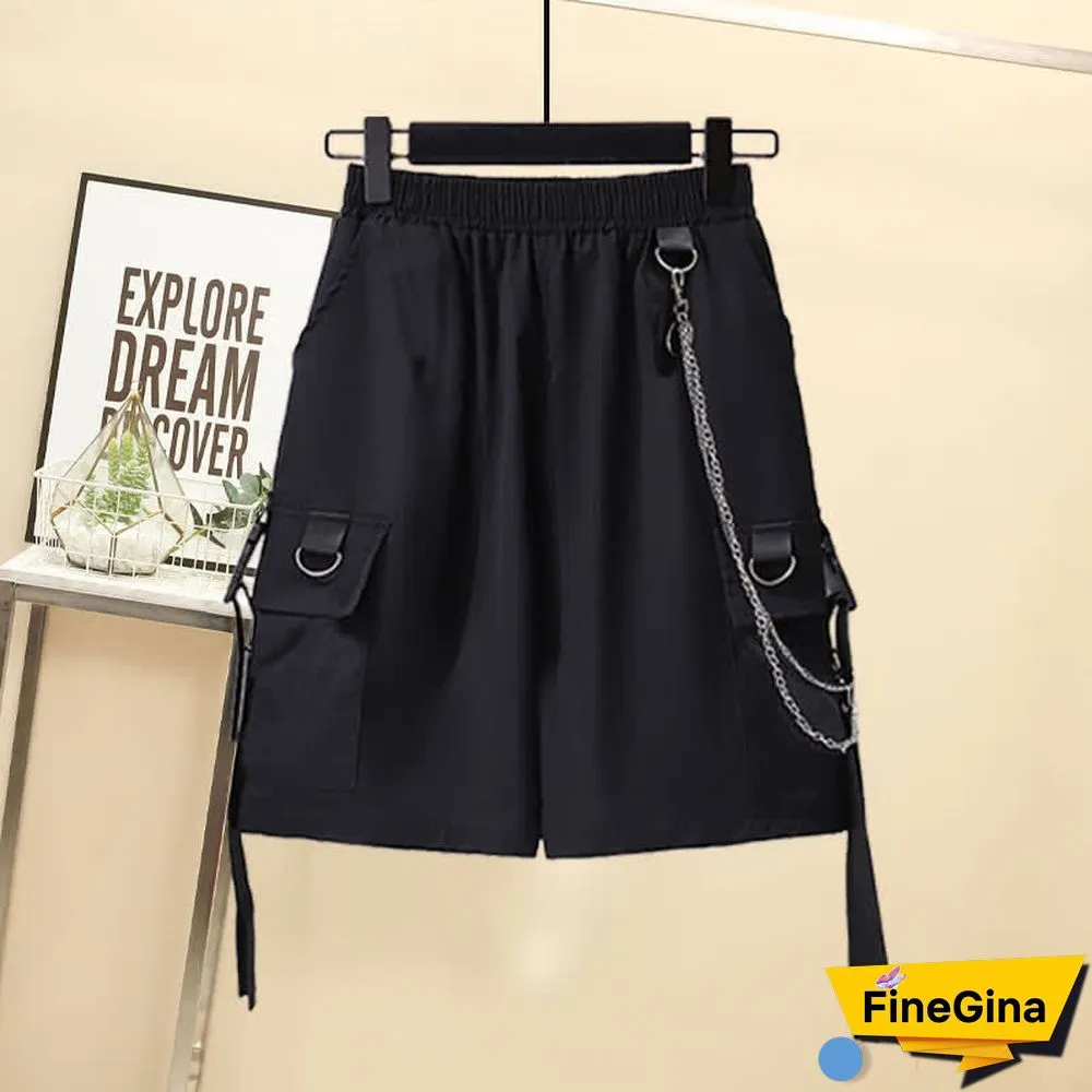Gothic Pure Color Lapel Blazer Wide Leg Chain Cargo Shorts
