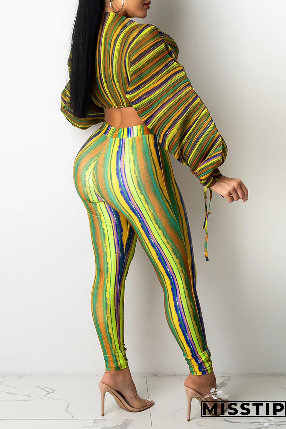Lake Blue Sexy Striped Patchwork Half A Turtleneck Long Sleeve Two Pieces