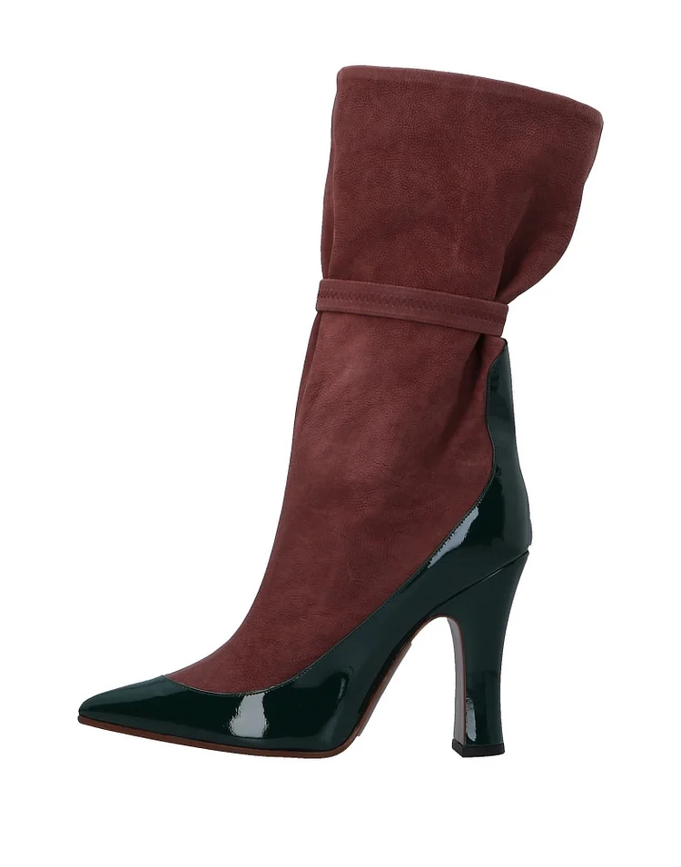 Burgundy and Green Vegan Suede Patent Leather Chunky Heel Mid Calf Boots |FSJ Shoes