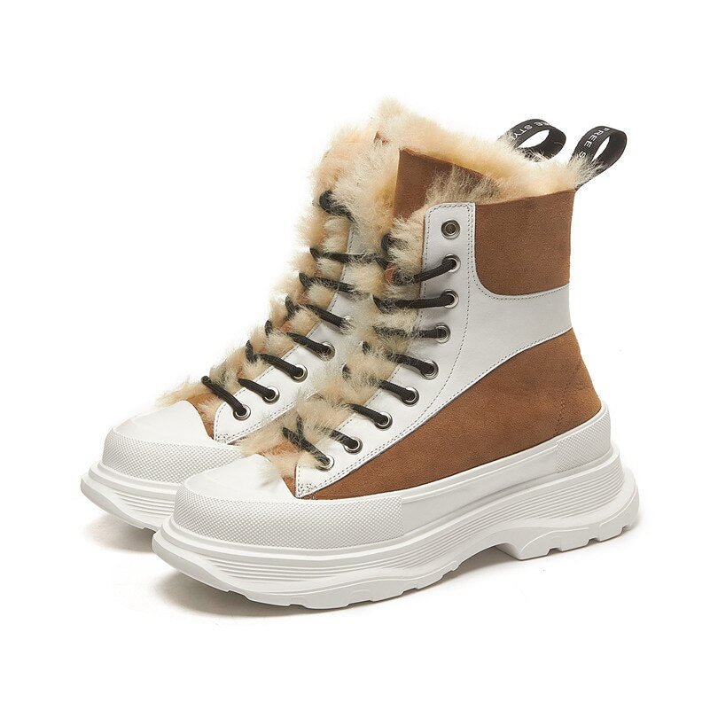 Meotina Genuine Leather Snow Boots Woman Real Wool Fur Flat Platform Ankle Boots Lace Up Short Boots Ladies Shoes Winter Brown