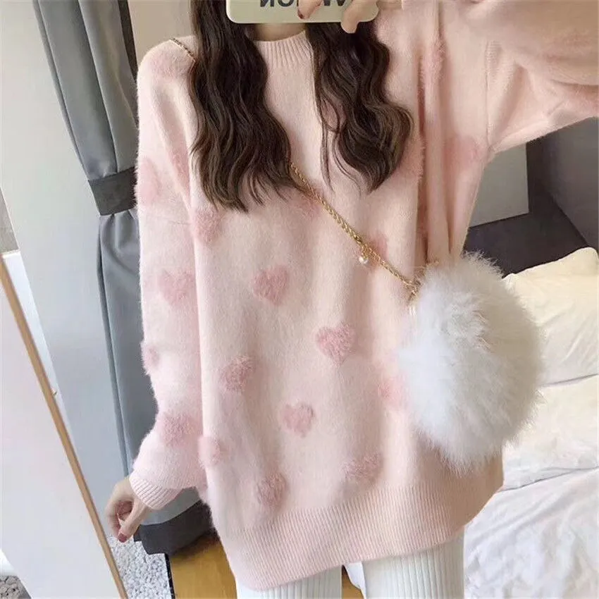 Knitted Sweater Women Printed Pullovers Ladies Heart Print Warm Outfits O Neck Sweat Style Jumper Korean Streetwear Sueter Mujer