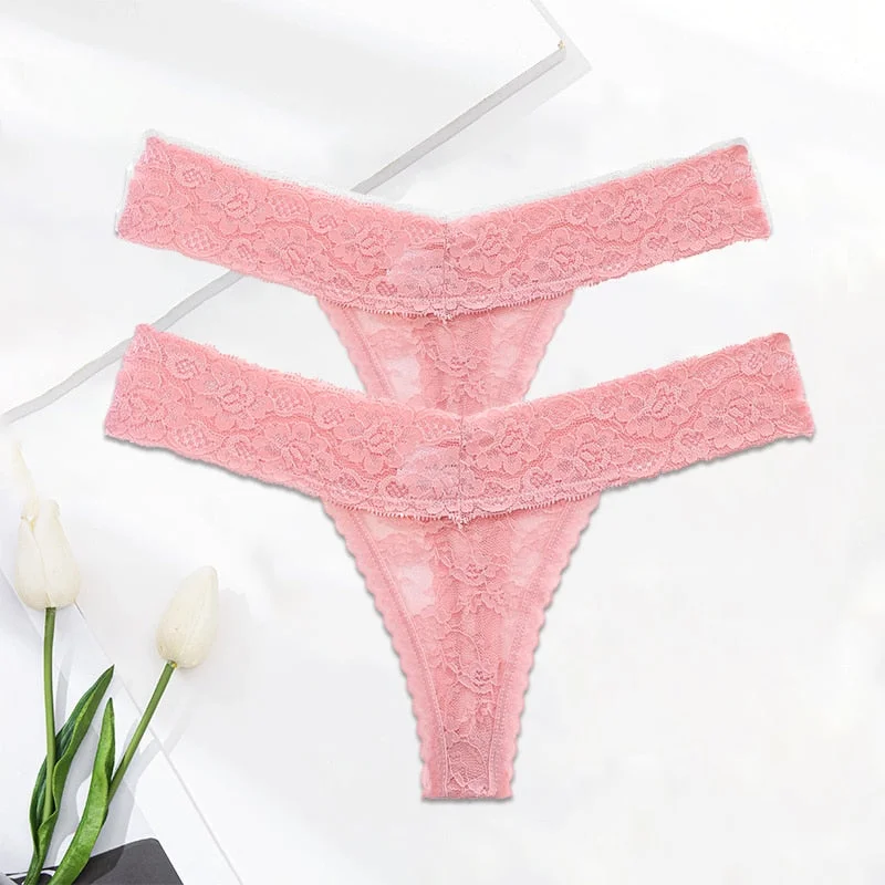FINETOO 2PCS/Set M-XL Lace G-string Thong Panties for Woman Sexy Floral Underwear Transparent Women's Underpants Female Lingerie