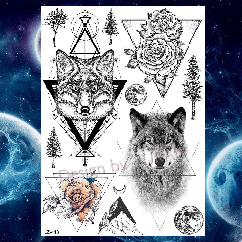Tribal Forest Animals Black Galaxy Triangle Wolf Animals Temporary Tattoo Stickers Women Men Deer Tatoo Waterproof Arm Tattoos