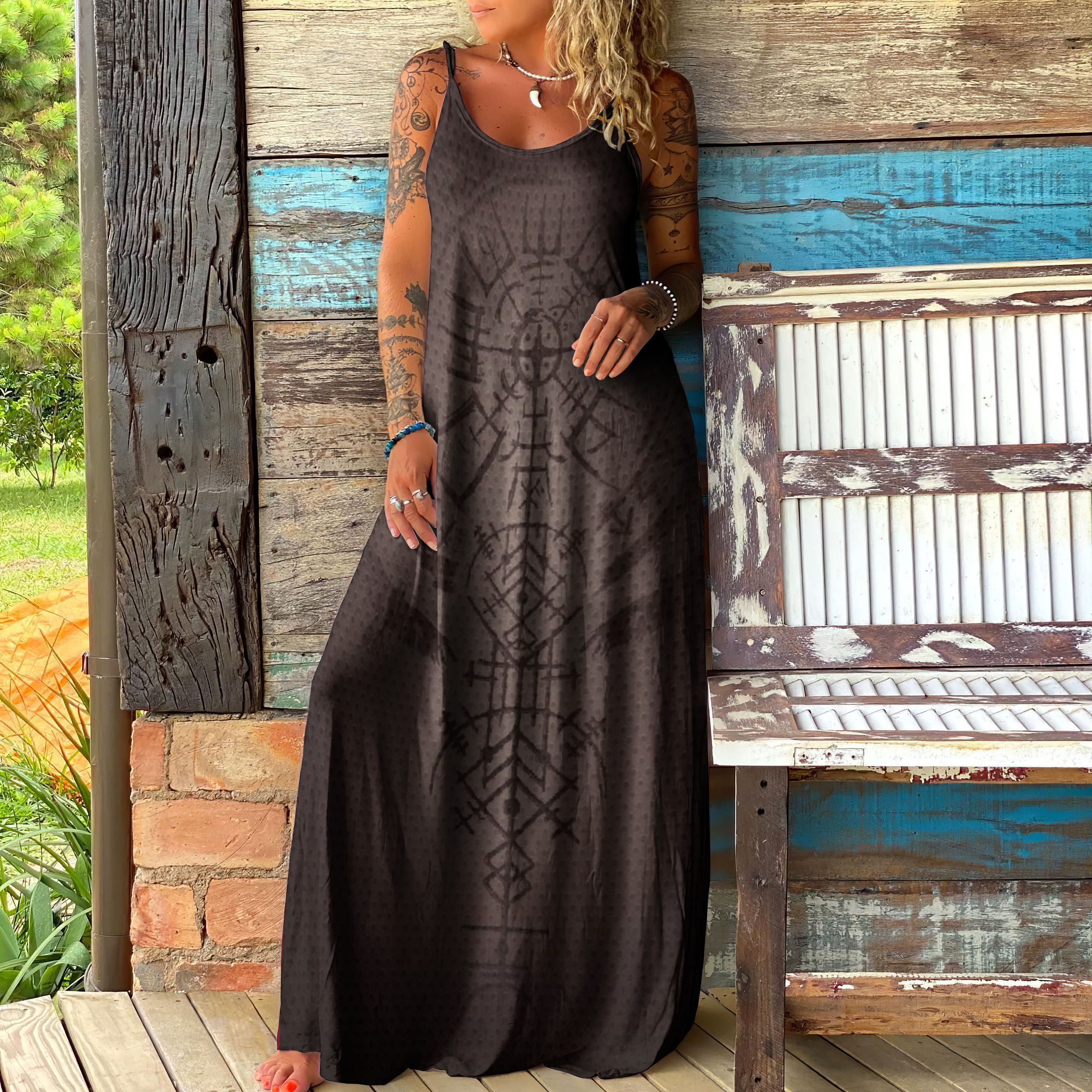Viking Totem Print Suspender Maxi Dress wearshes