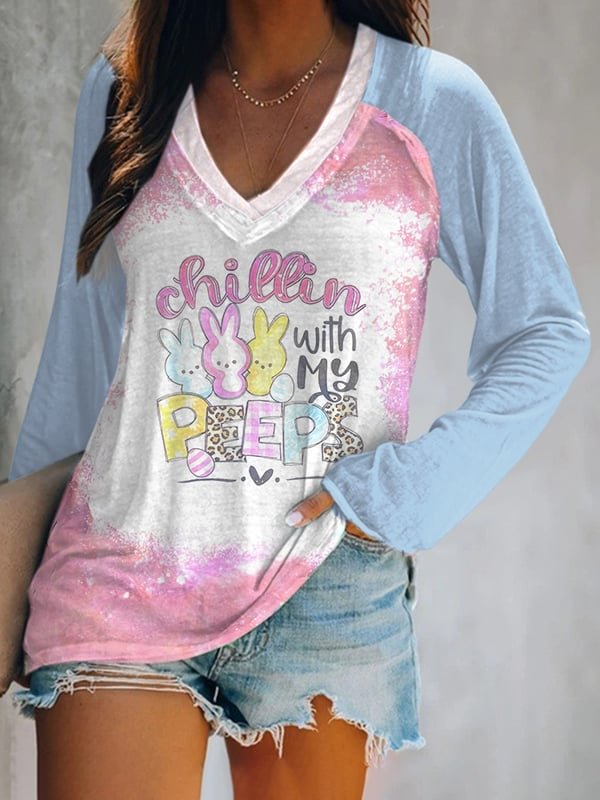 Easter Print V-Neck Long-Sleeved Top