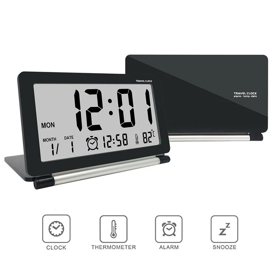 LED Digital Alarm Clock Travel Multifunction Backlight Digital Table Clock with Thermometer Folding Electronic Travel Clock