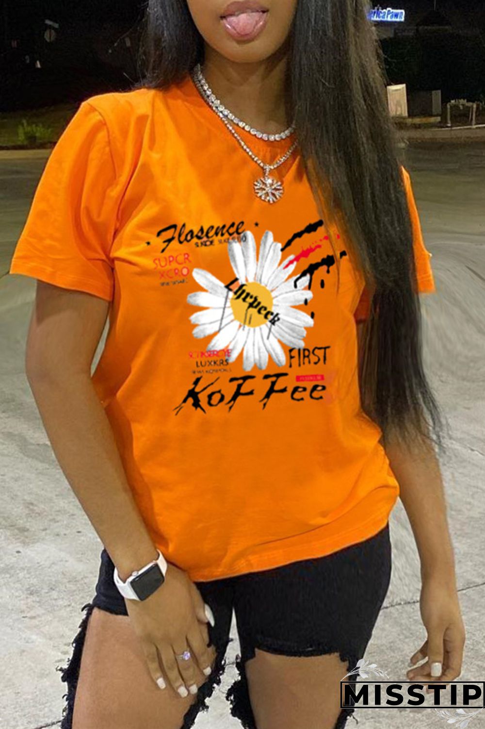 Orange Fashion Casual Print Basic O Neck T-Shirts