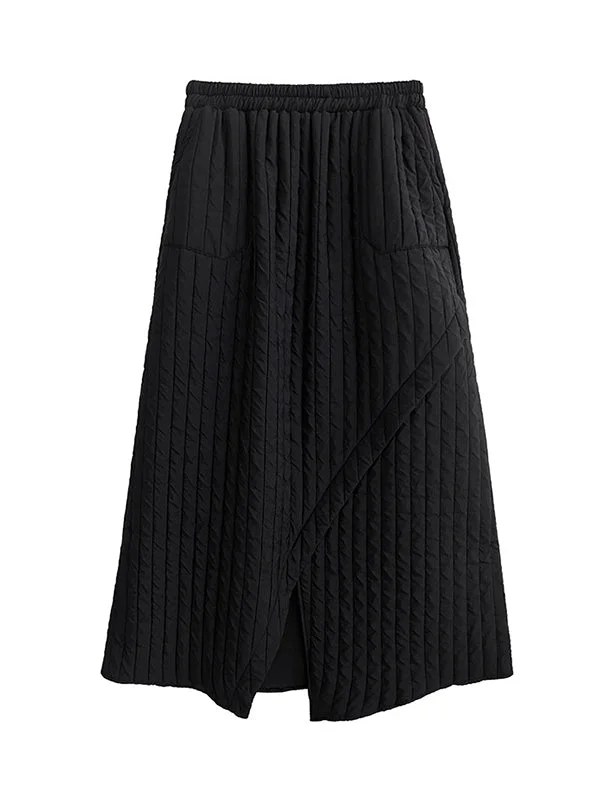Loose Black A-Line Asymmetric Pockets Quilted Split-Front Skirt
