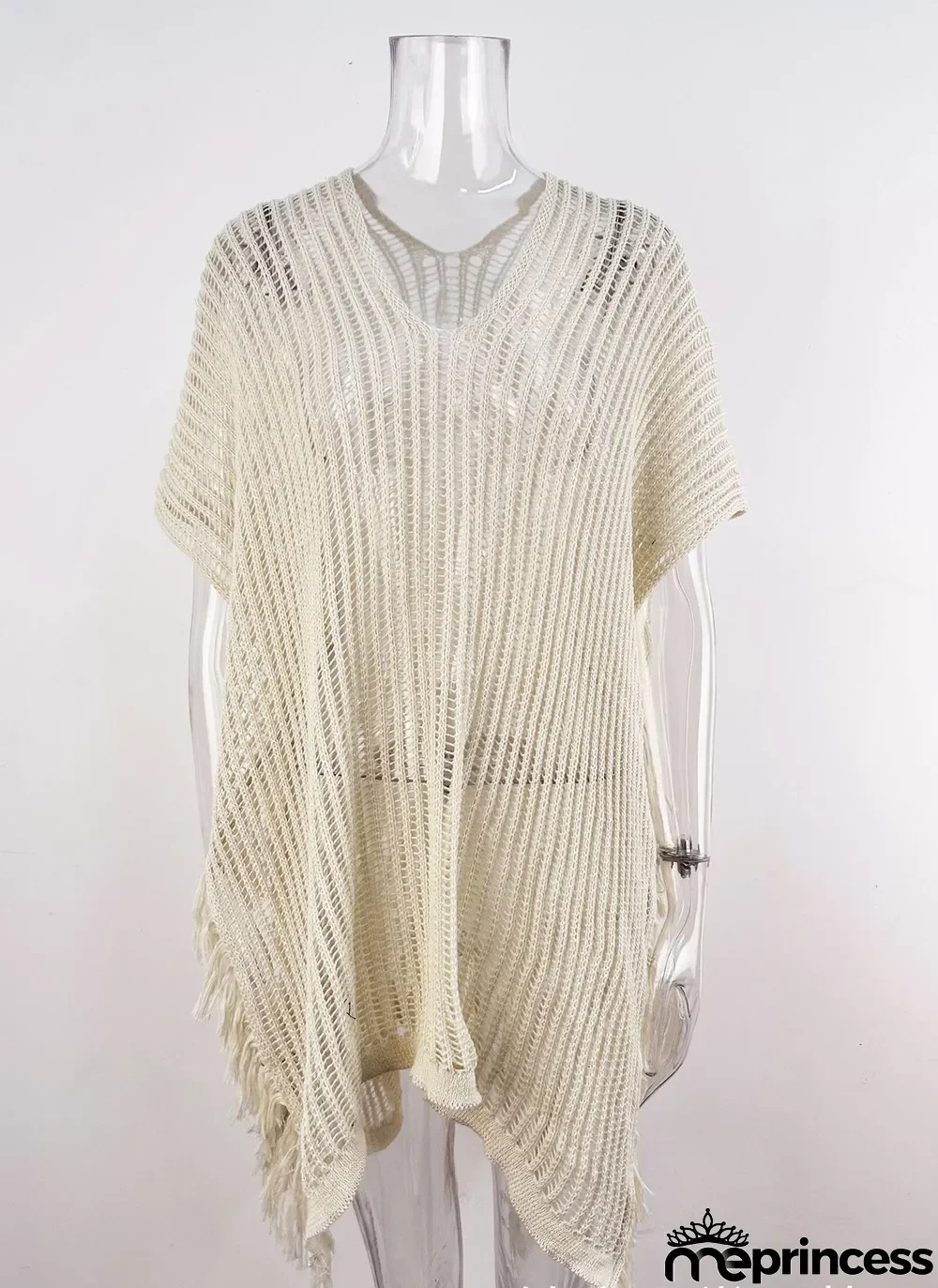 Summer Maxi V-neck Hollow Tassel Beach Suit Holidays Shirt Beach Sun Shield