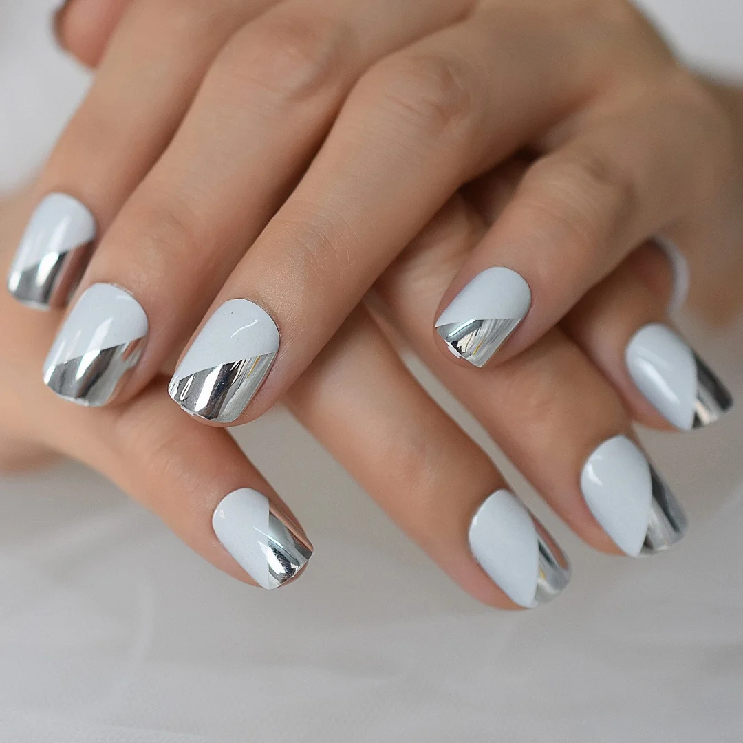 Short Square Gray-Sliver Design Nails Gel Tips Decoration Nails False Nails Stick On Nail Nails Fingernails Wholesale Layered-Nail Inspo