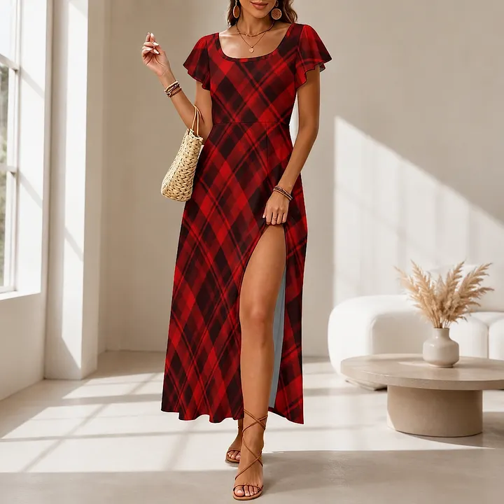buffalo plaid holiday dress SFneewho® Women Elegant Party Red Black Christmas Party Checkered Boho A-Line Gowns Evening Split Maxi Dresses red plaid dress