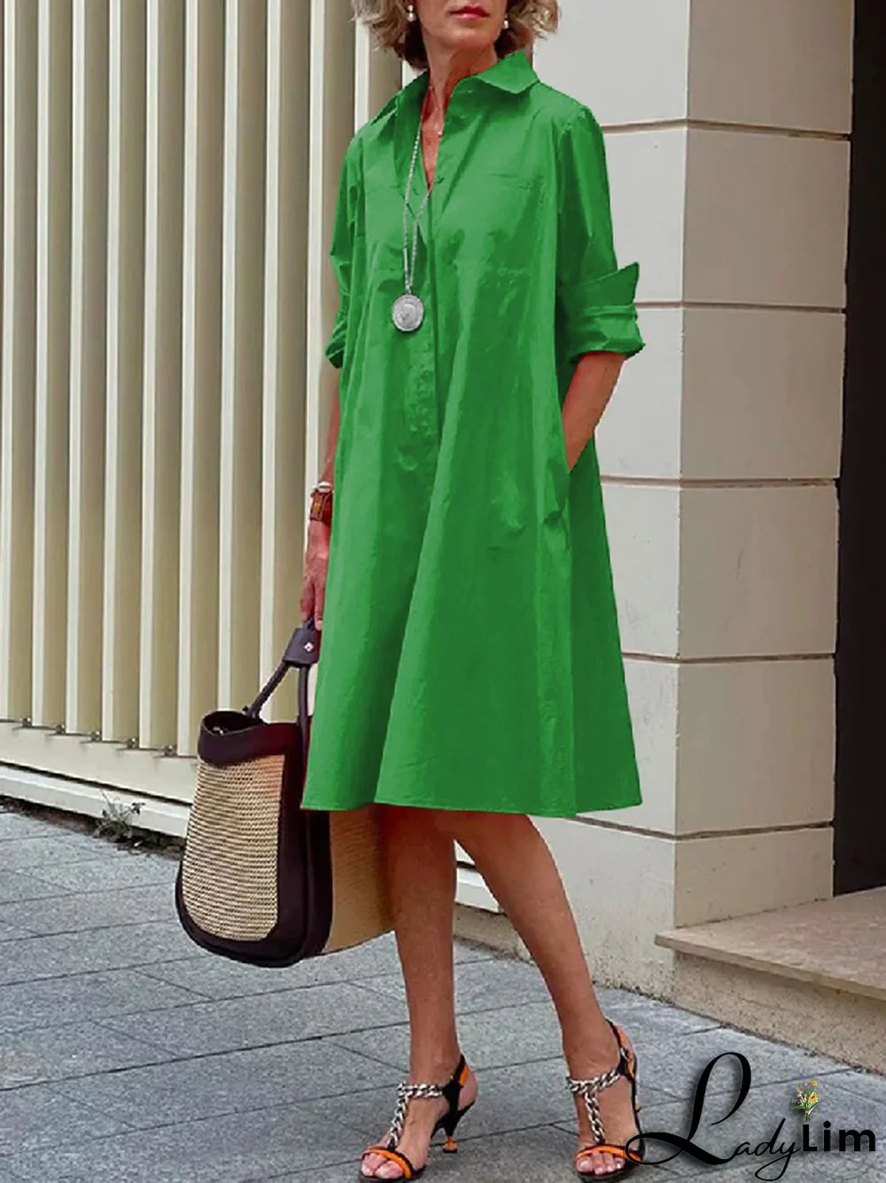 Simple Long Sleeves Solid Color Lapel Midi Dress