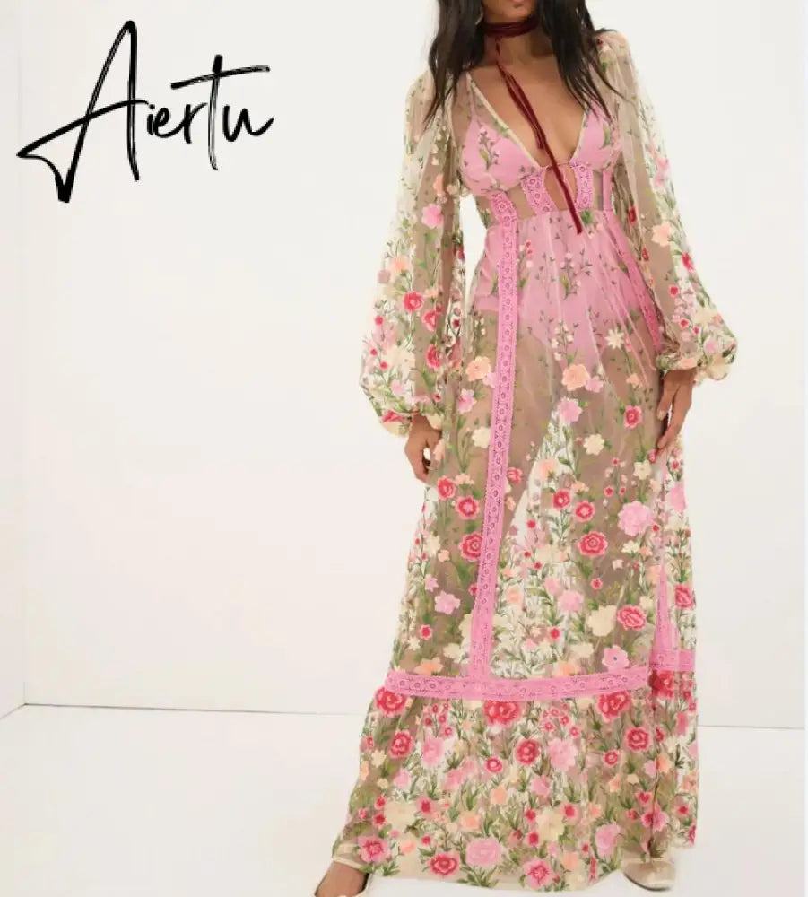 Women's Sexy Holiday Bikini Cover-Ups Beach Flower Embroidery Dress Long Sleeve Dress See Through Mesh Sheer Dresses Aiertu