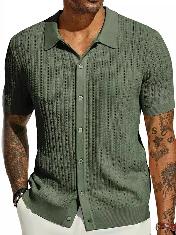 Men's Casual Hollow Short Sleeve Turndown Collar Solid Color Breathable Shirt