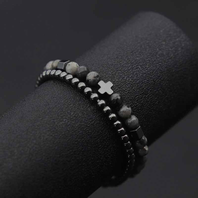 2 Pieces Men Bracelet Set Hematite Cross Bracelet For Natural Lava Tiger Eye Bracelet Man Beaded Brass Pul