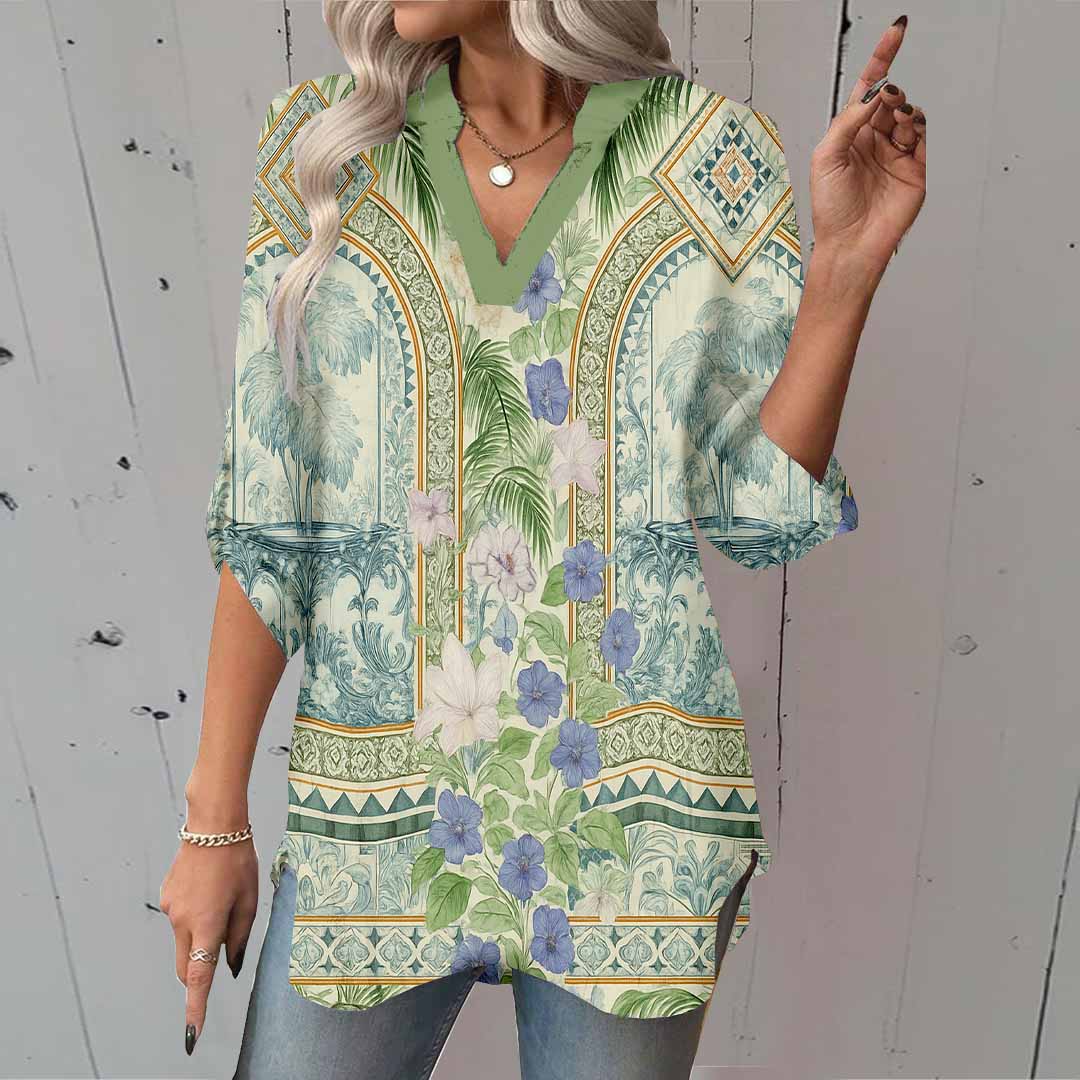 Women Bohemian,Green,Blue DZGA0256 3/4 Sleeve V-neck Printed Graphic Button Tops