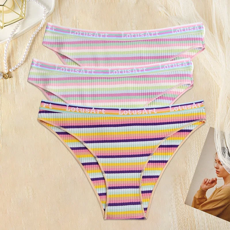 FINETOO 3PCS/Set Women Cotton Seamless Panties for Female M-XL Underwear Panty Sexy Colorful Striped Lingerie Letter Waist Brief