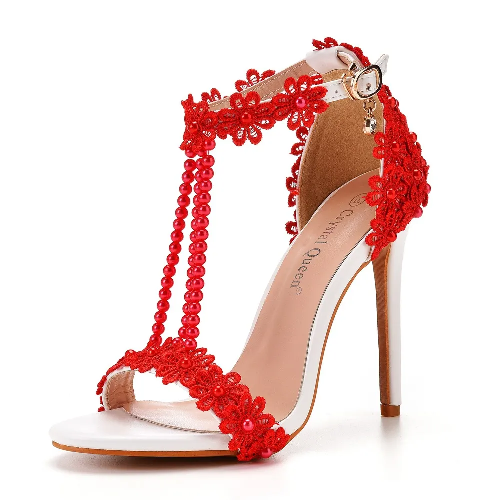 Breakj Breakj White Buckle Shoes Fine Heel Fish Mouth Roman Exposed Toe Sandals 11 Cm Beaded High-Heeled Sandals