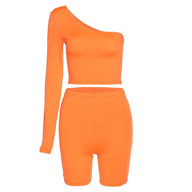 Kliou Solid Asymmetrical Two Piece Sets Women Tracksuit Crop Tops+Elastic Bike Shorts Sporty Matching Suits Casual Female Outfit - BlackFridayBuys