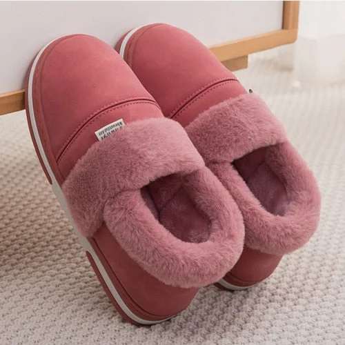 Winter Slippers Men Waterproof PU Leather Slippers Platform Velvet Fur Slippers Warm Home Slippers for Men Soft Comfy Shoes Male
