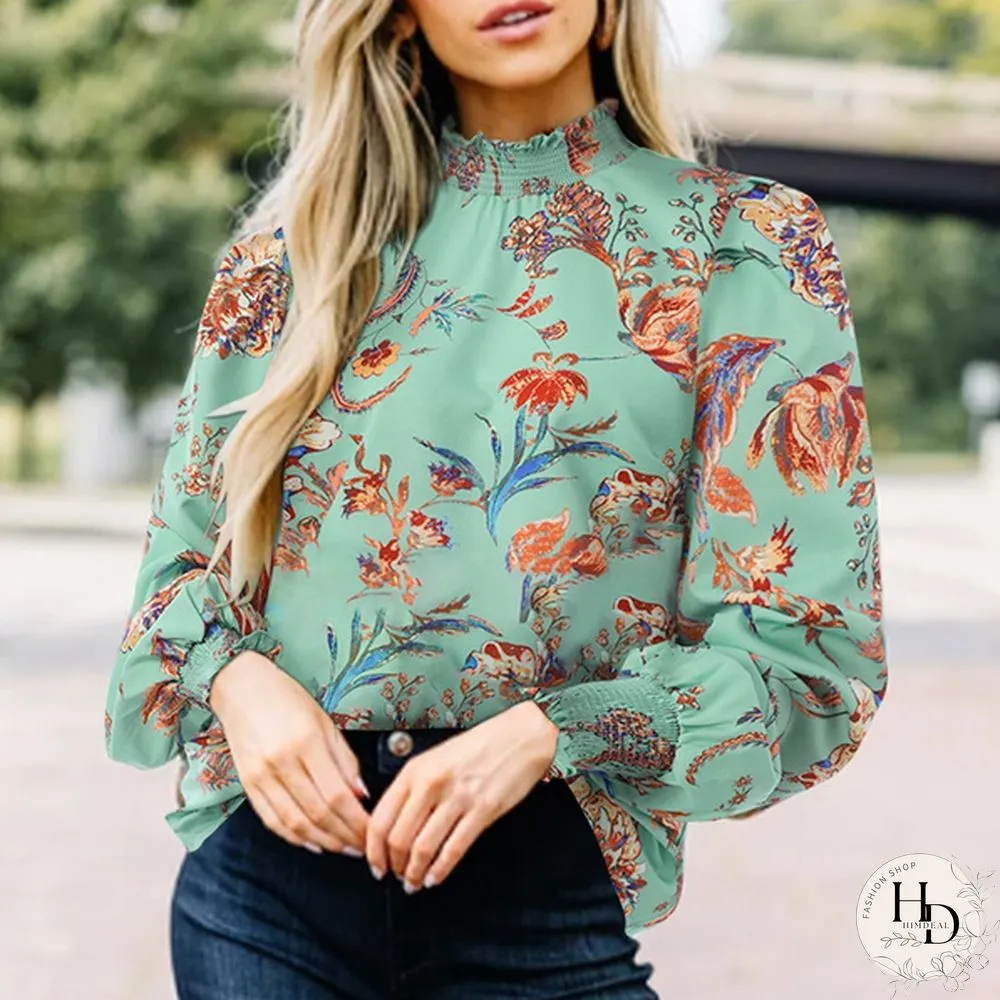Women Spring Casual Puff Sleeve Floral Printed Top Holiday Smocking Retro Shirt Blouse
