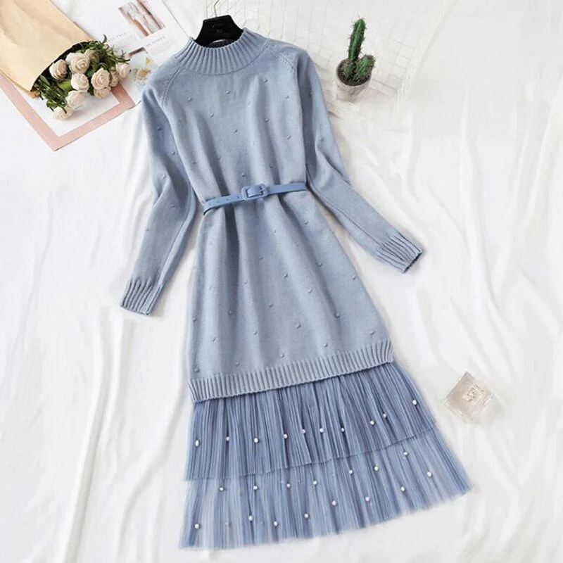 Elegant O-neck women knitted dress suits Autumn winter Long sleeve With belt Sweater tops + sweet Mesh skirt 2 pieces set women