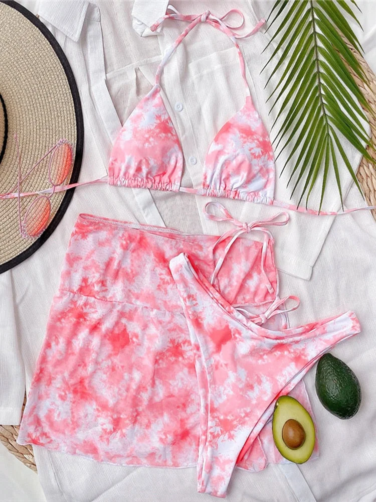 Peachtan Mesh 3 Pieces Bikini Set Floral Print Swimwear Female Traingle Swimsuit Women String Swimming Suit Bathing Suit 2022