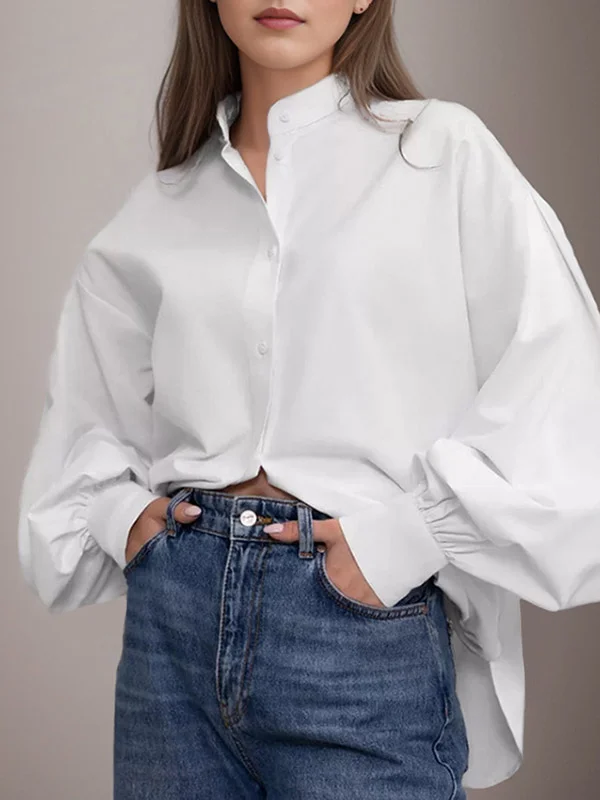 Split-side Split-Joint Solid Color Pleated Puff Sleeves Loose Stand Collar Blouses