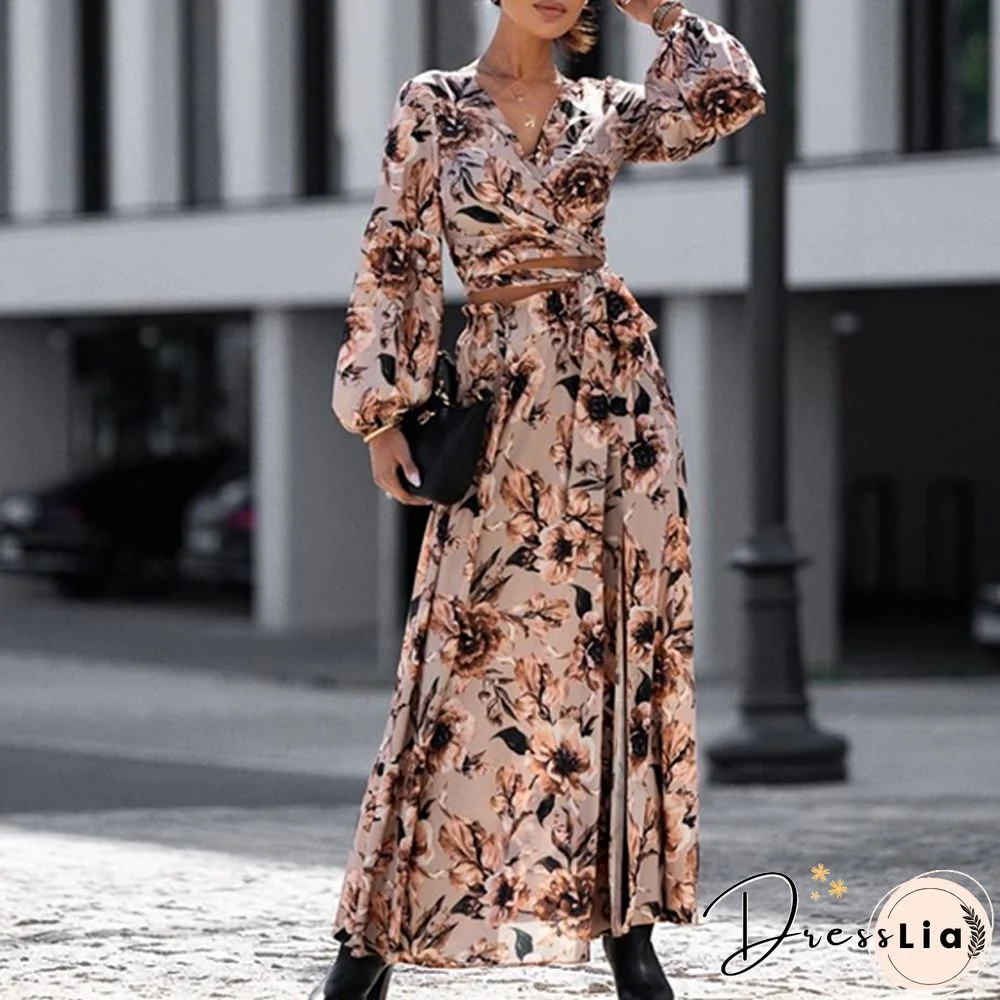 Elegant V-Neck Long Sleeve Lace-up Top+Slit Long Skirt Outfits Sexy Floral Print High Street Two Piece Set New Fashion Party Set