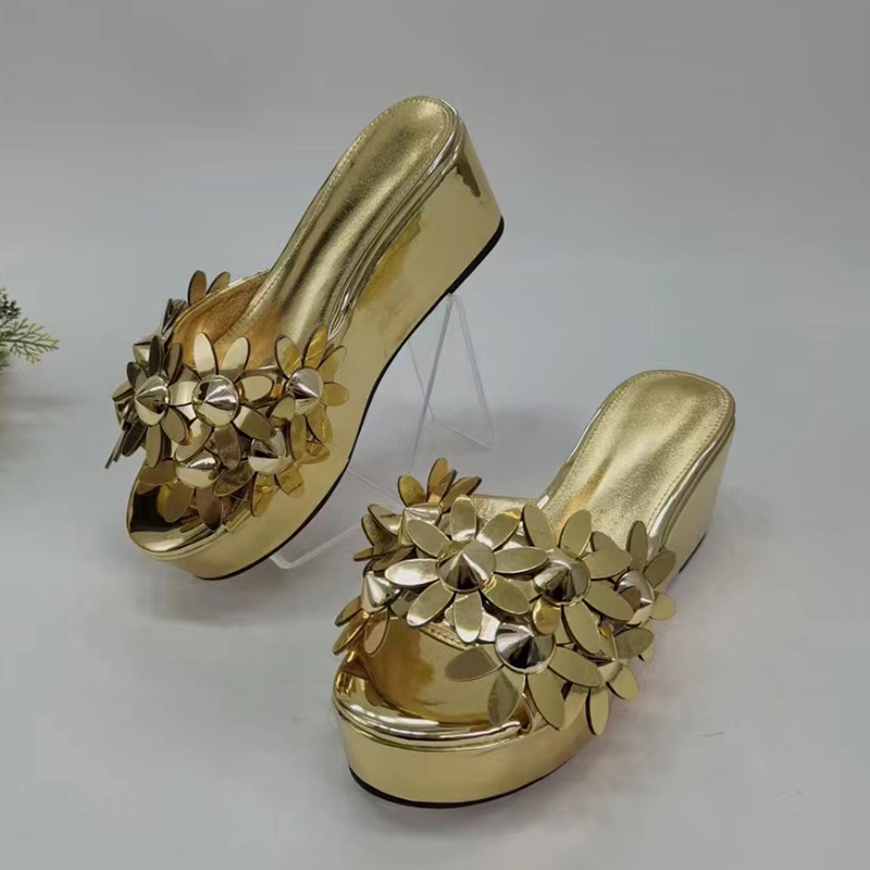 Gold Flower Platform Sandals Woman Open Toe Rivet Wedges High Heels Slippers Lady Party Shoes