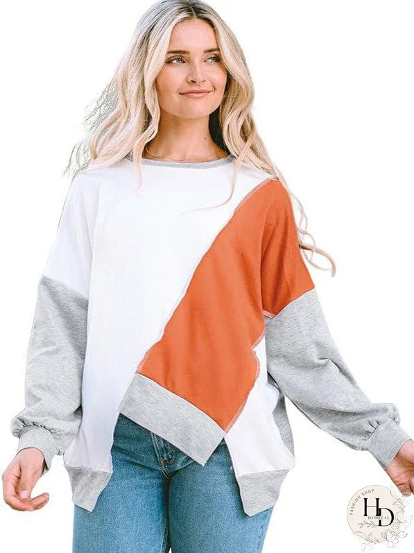 Knit Sweatshirt With Irregular Color Blocking - Women'S Loose Fit Long Sleeve Top