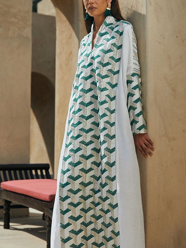 V neck green pattern printed white maxi dress