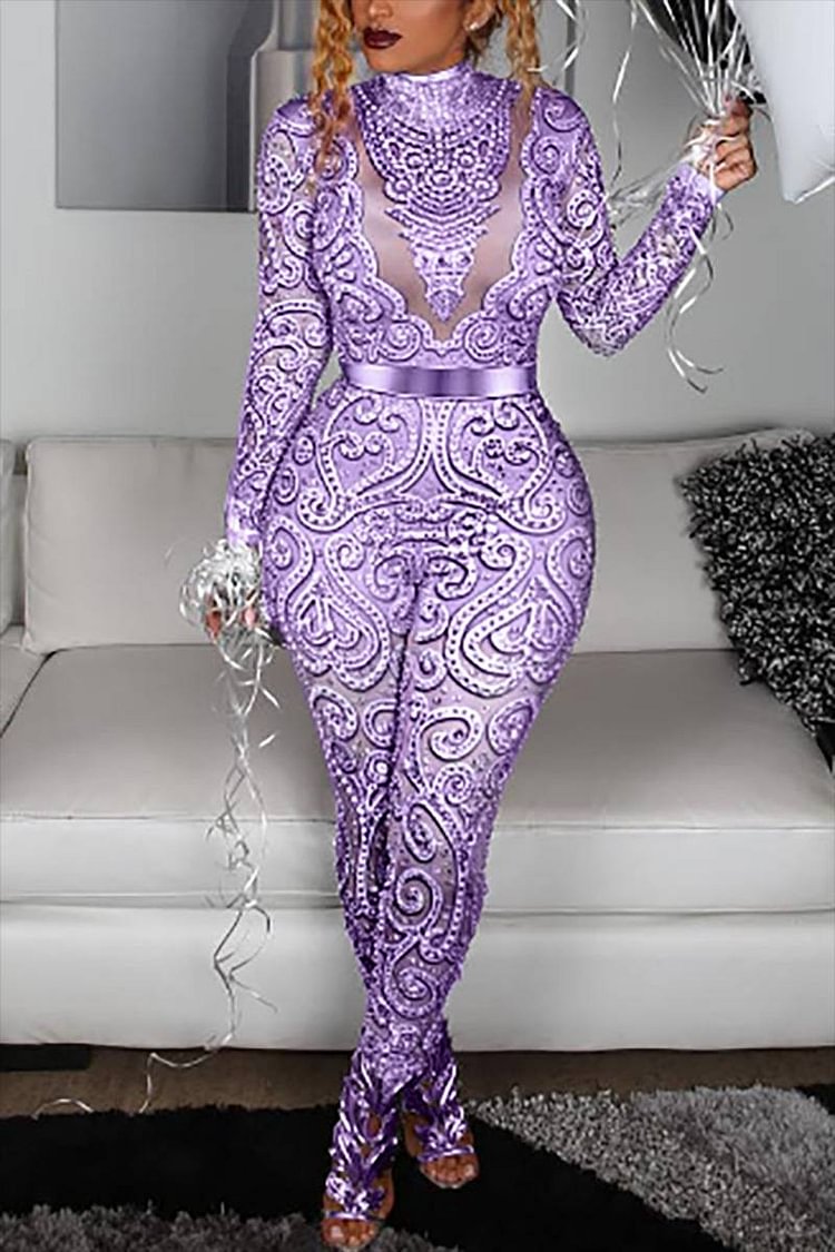 Plus Size Purple Party Mesh Sequin Print Jumpsuits [Pre-Order]