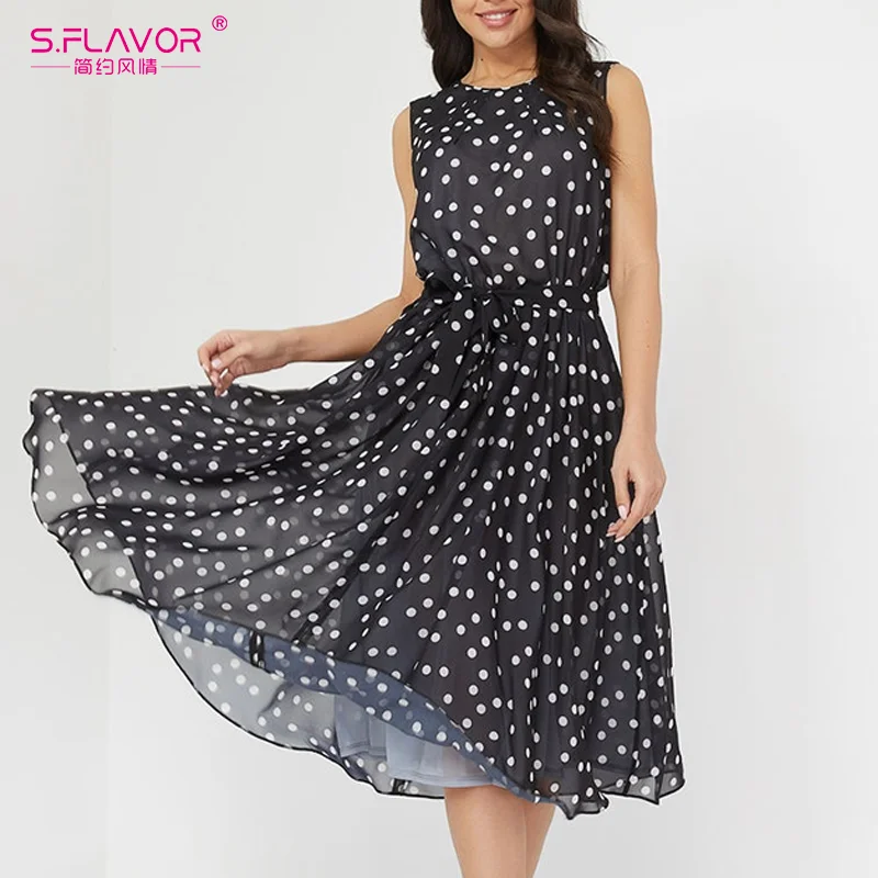 Jangj S.FLAVOR 2022 Summer Fashion Sleeveless Dress Vintage Dot Wave Printing A-line Dress Bohemian Women Beach Chiffon Midi Dresses