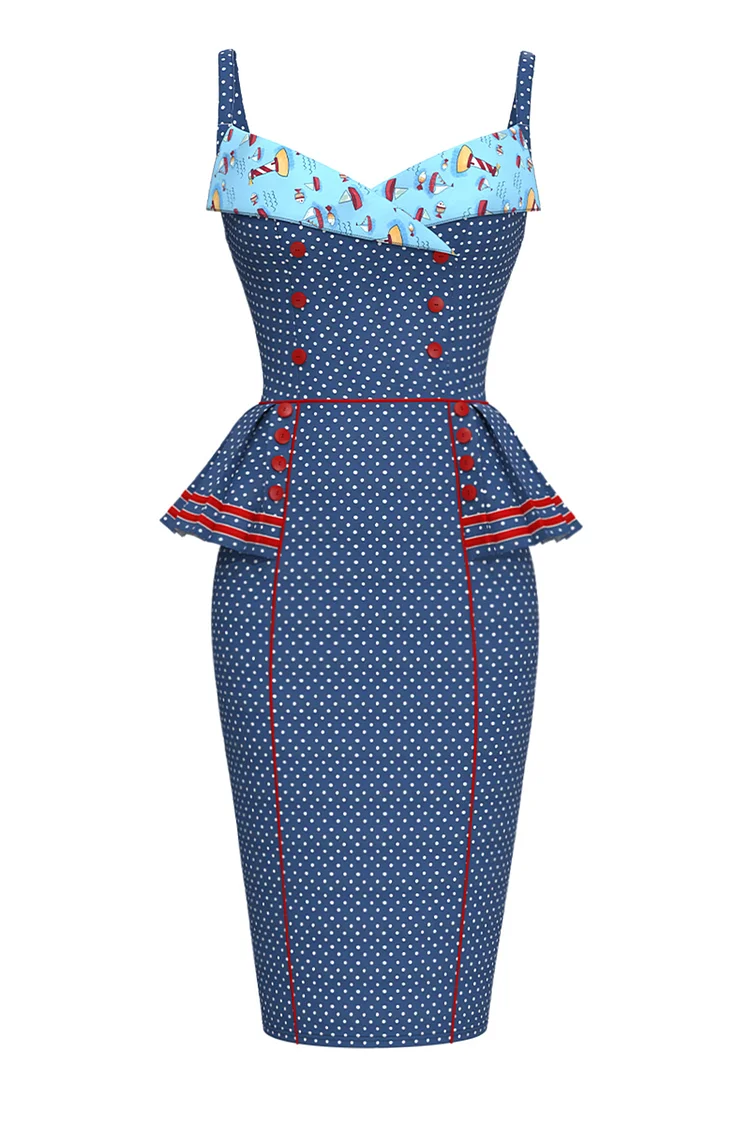 1950s Navy Blue Casual Lapel Polka Dot Ruffle Double Breasted Cami Pencil Midi Dress [In Stock]
