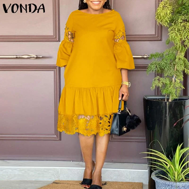 VONDA 2022 Women O Neck Flare Sleeve Plus Size Dresses Ladies Lace Pleated Vestidos Loose A-Lined Beach Sundress 5XL Short Robes