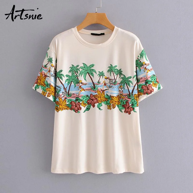 Artsnie floral print women t shirt summer 2019 o neck short sleeve casual tee tops streetwear knitted t-shirt camiseta mujer