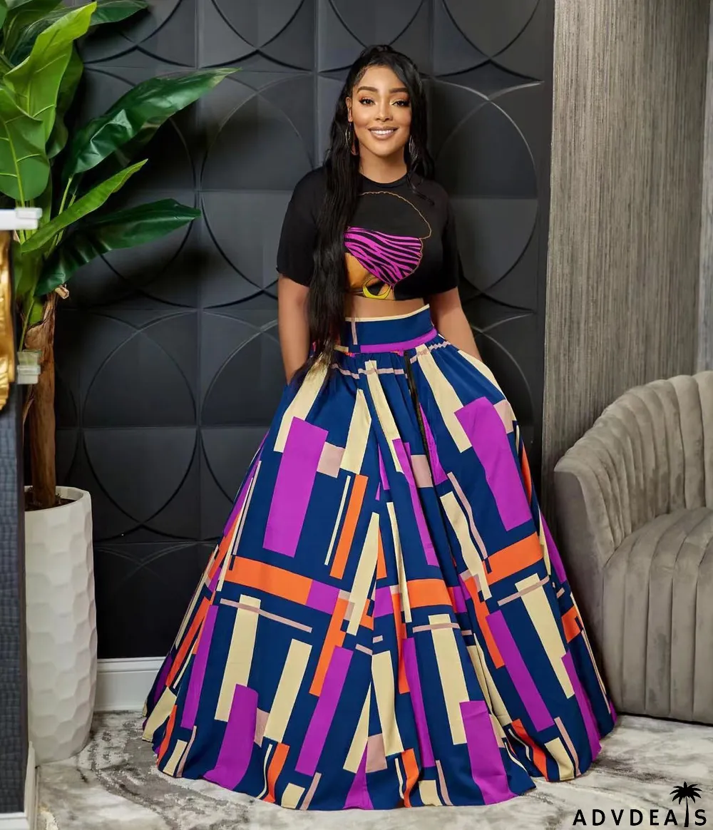 Summer Printed Top+Printed Swing Skirt Two-Piece Set