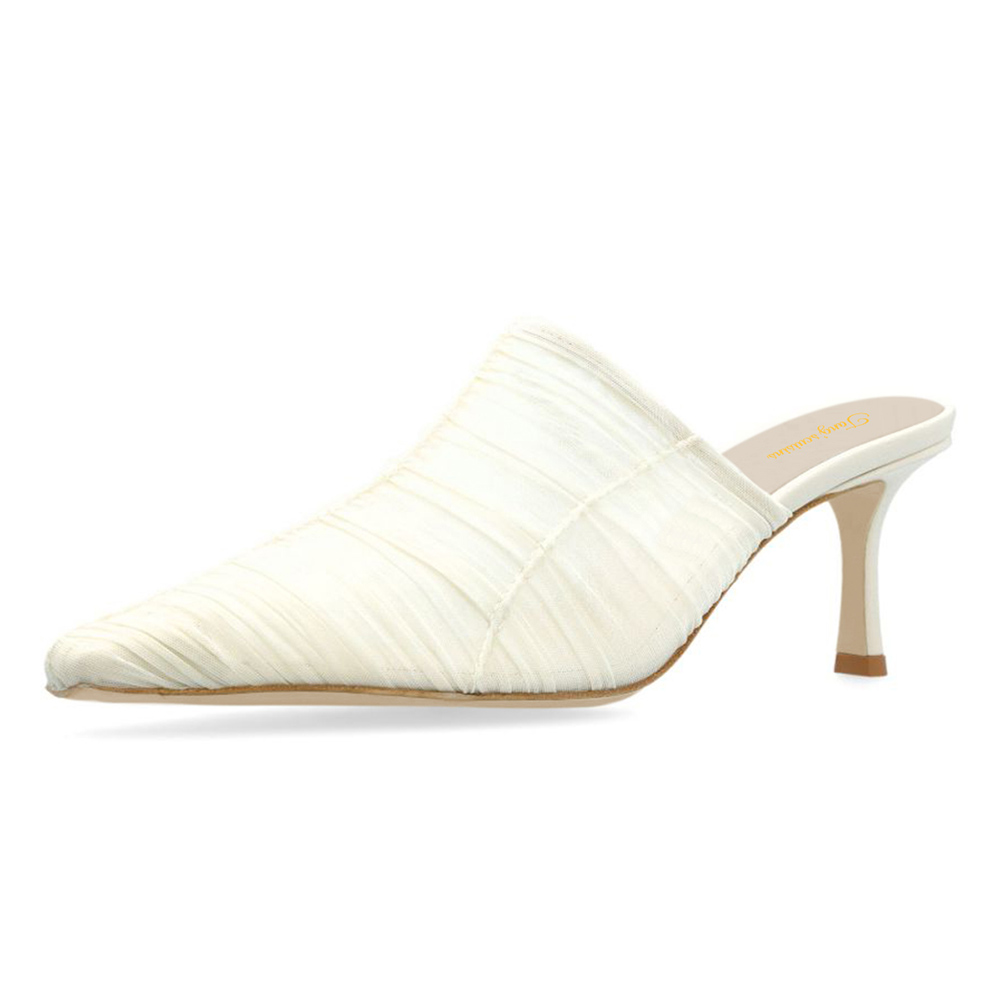 Ivory Tulle Pointed Toe Mid Stiletto Heel Womens Mules Shoes Nicepairs