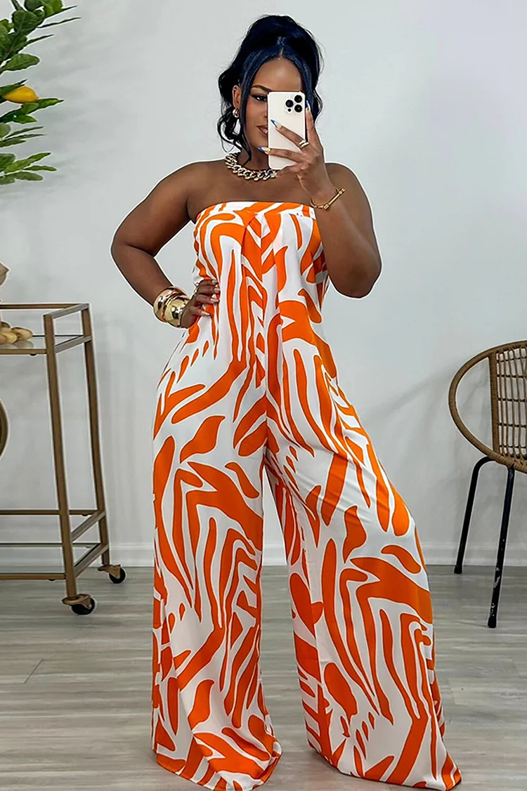 Abstract Print Boat Neck Wide Leg Strapless Jumpsuit-Orange