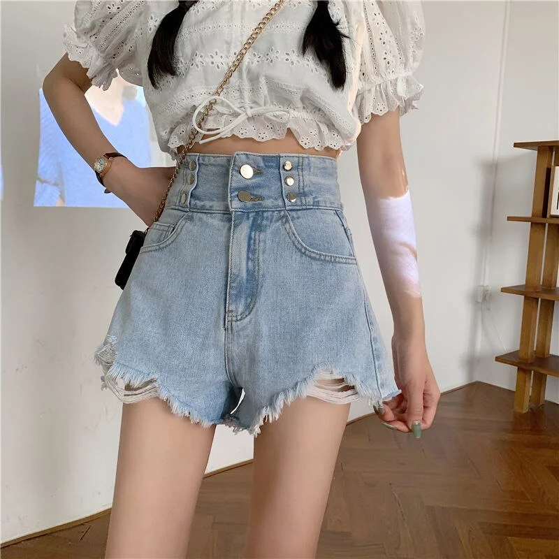 Shorts Women Streetwear Cute Hole High Waist Button Oversize S-5XL Soft Fashion Elegant Office Lady Summer Clothing Harajuku Fit