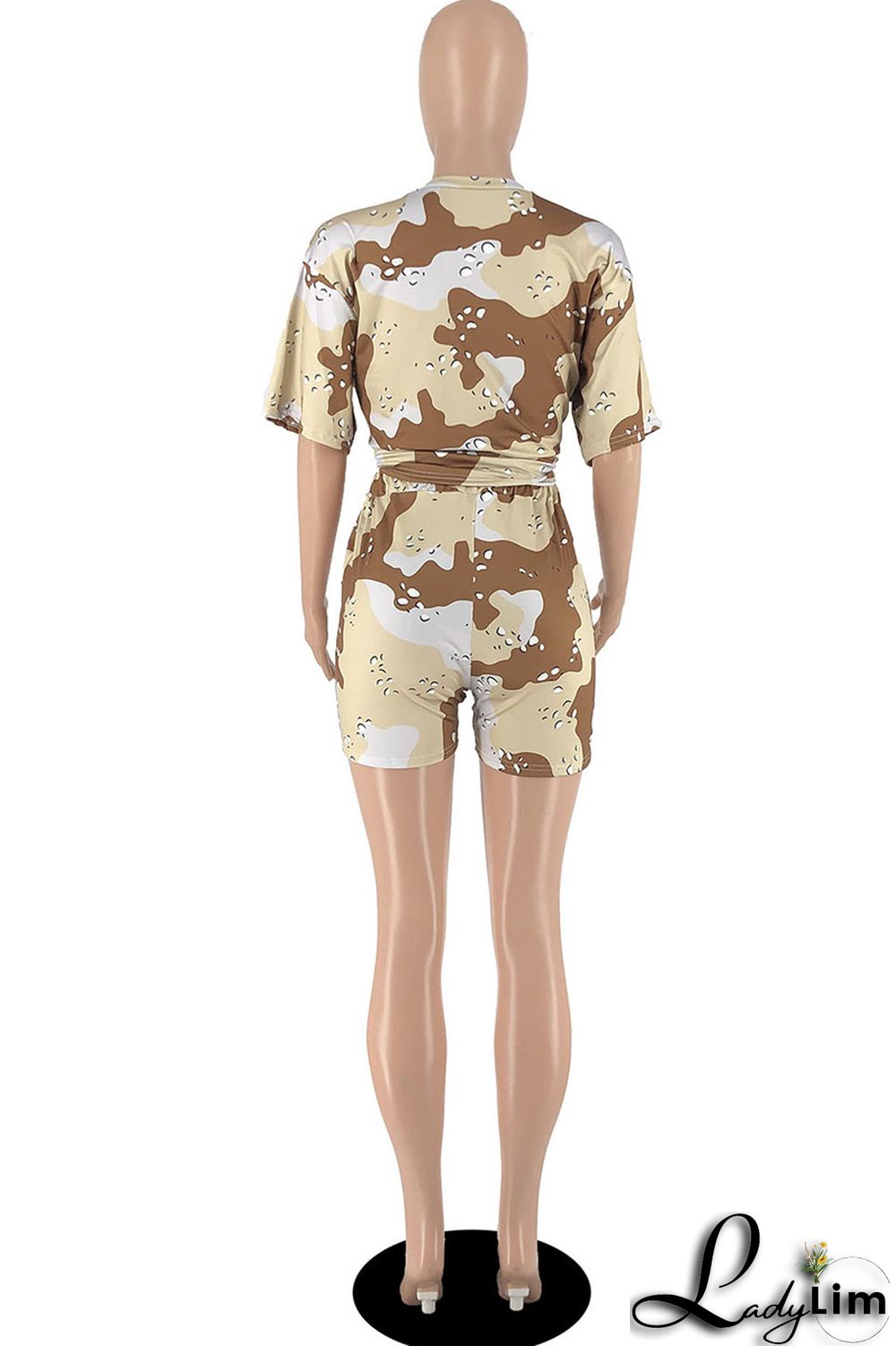 Army Green Casual Print Patchwork O Neck Short Sleeve Two Pieces