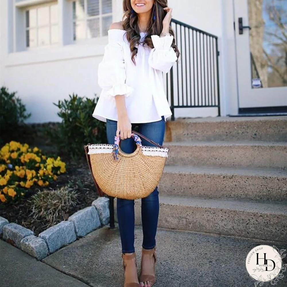 Women Sexy Off Shoulder Strapless Bowknot Slash Neck Shirts Casual Loose Plus Size Blouse Tops