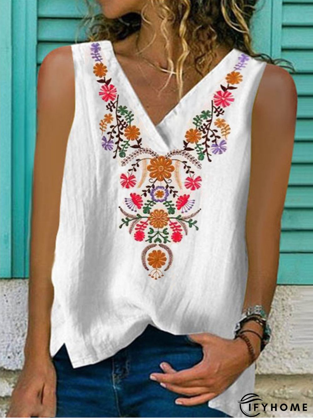 Vintage Casual Floral Printed V Neck Tank Top | IFYHOME