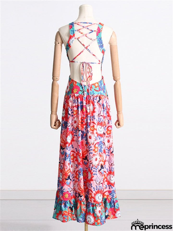 Women's Crew Neck Back Lace-up Floral Bohemian Dress