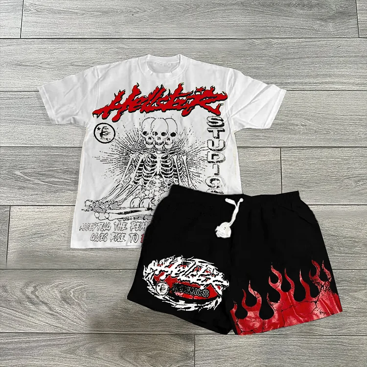 Vintage Hellstar Skull Flame Graphic T-Shirt And Mesh Shorts Set